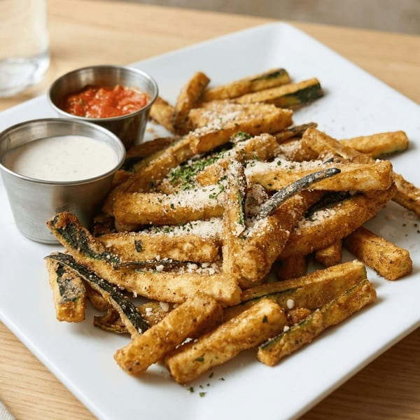 Crispy zucchini fries dusted with Parmesan and herbs, served with marinara and ranch dipping sauces.