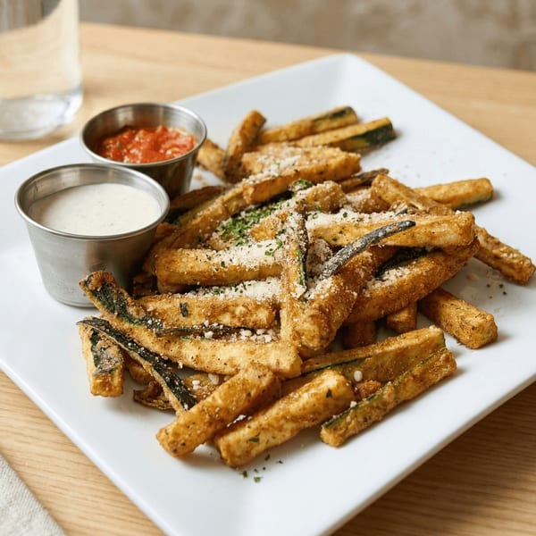Crispy zucchini fries dusted with parmesan and herbs, served with ranch and marinara dipping sauces.