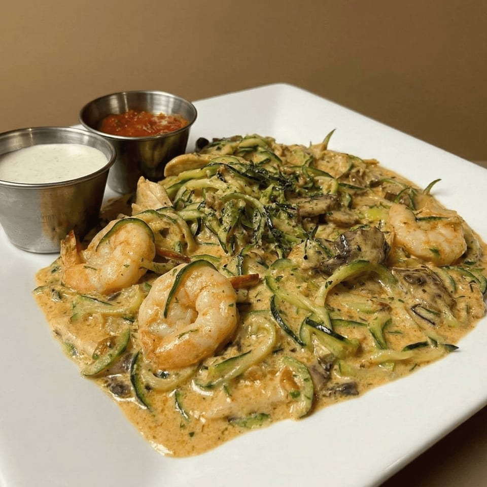 Shrimp and zucchini noodles in a creamy sauce, served with two small dipping bowls.